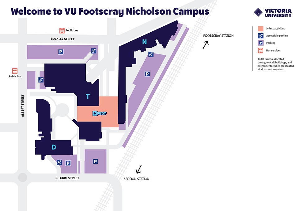 A map of VU's Footscray Nicholson campus, showing the location of 2025 'O-Fest' activities.
