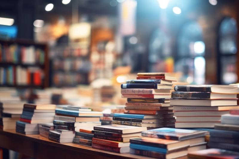 piles of books in bookshop