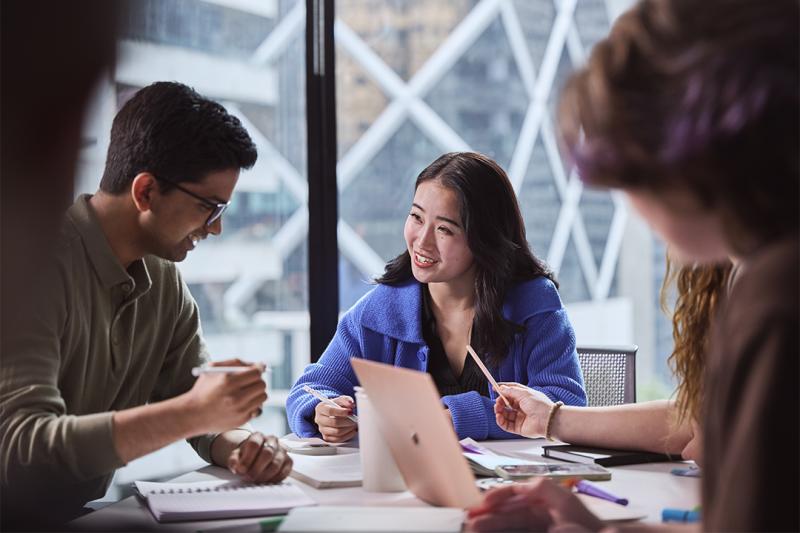 VU students studying together in a group in a classroom in City Tower.
