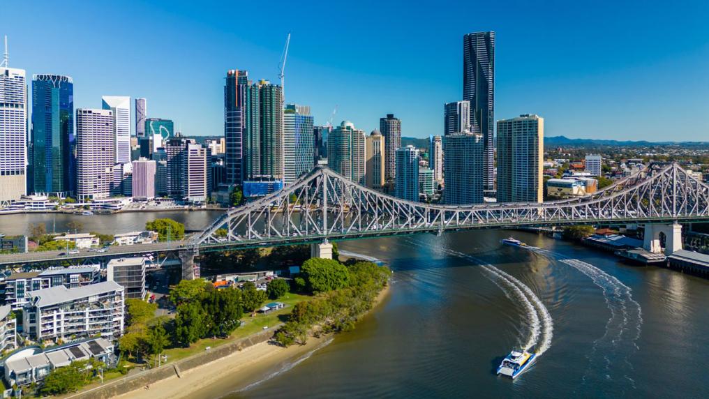 An aerial view of the Brisbane river and Story Bridge